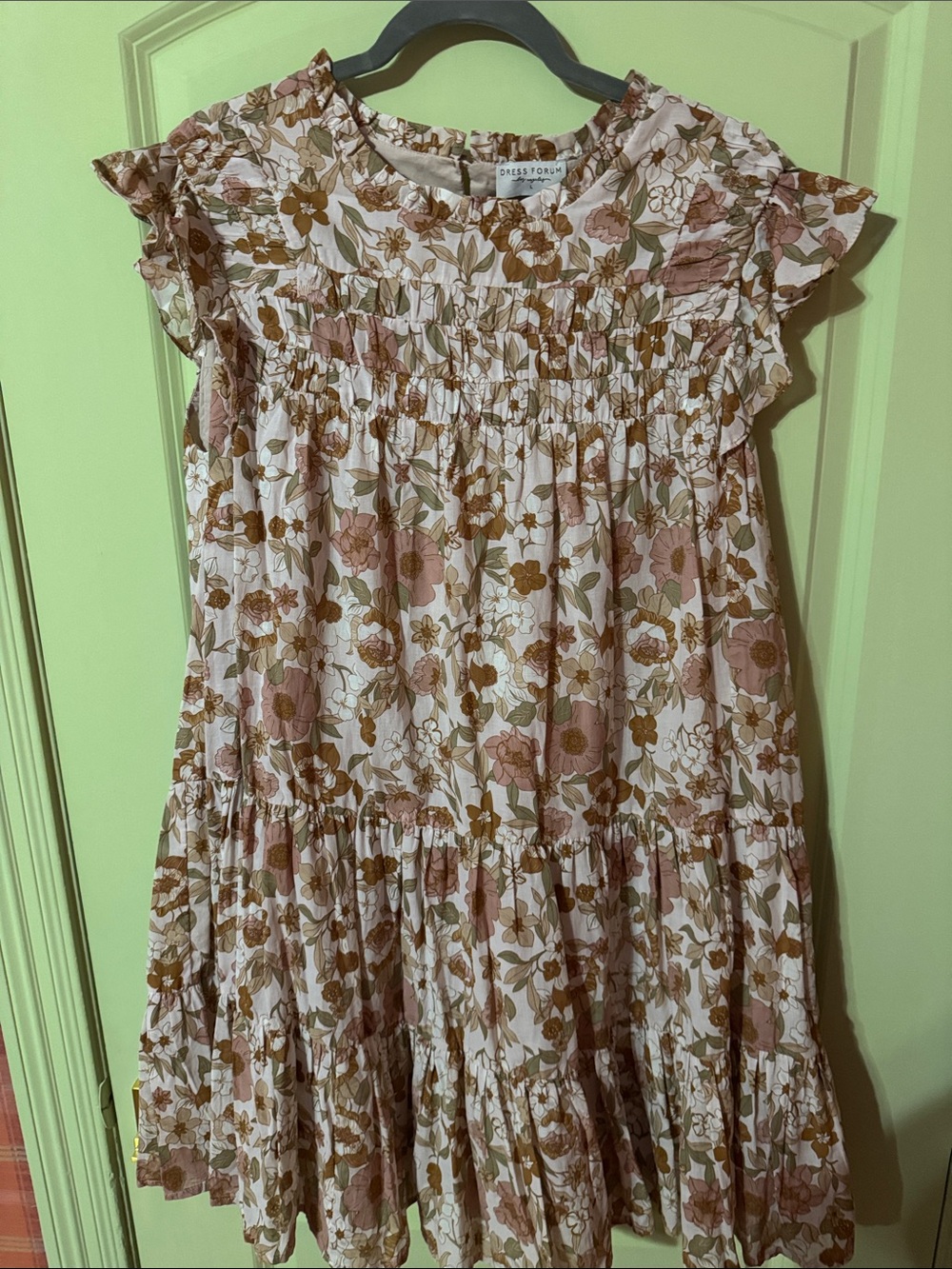 Dress Forum Women’s Cream Floral Smocked Tiered Dress in Pink & Brown